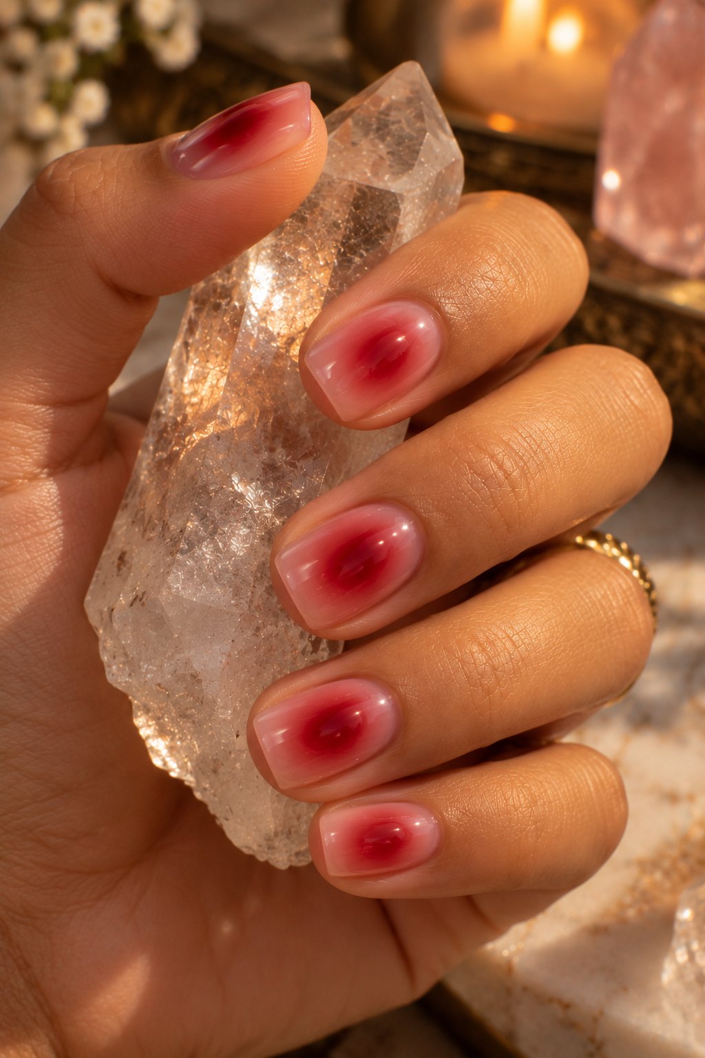 Short square nails with red aura nail art holding a quartz crystal