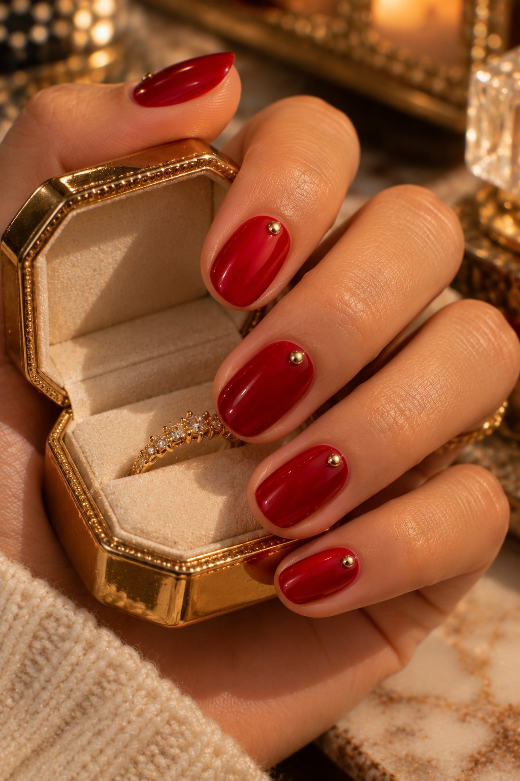 Short glossy red nails with tiny gold studs holding a gold ring box