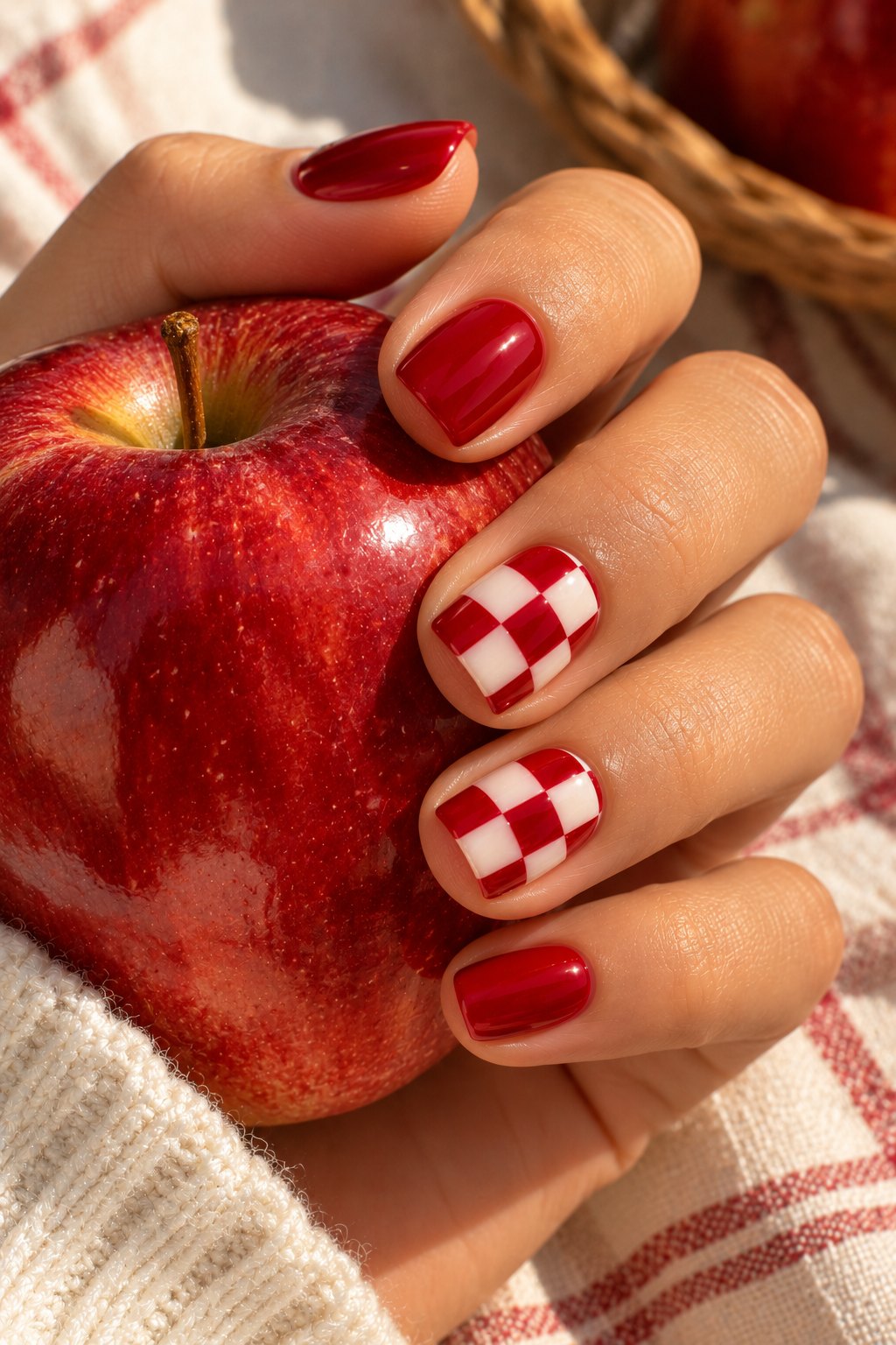 Short red nails with red and white checkerboard accent nails holding a red apple