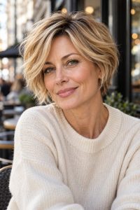 Woman in her late 40s with a honey blonde blended bixie haircut
