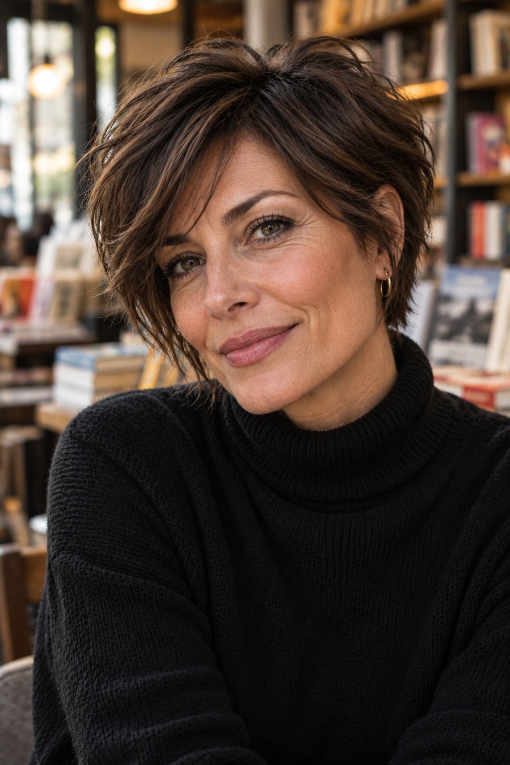 Woman in her early 50s with a textured brunette pixie-bob and side-swept fringe
