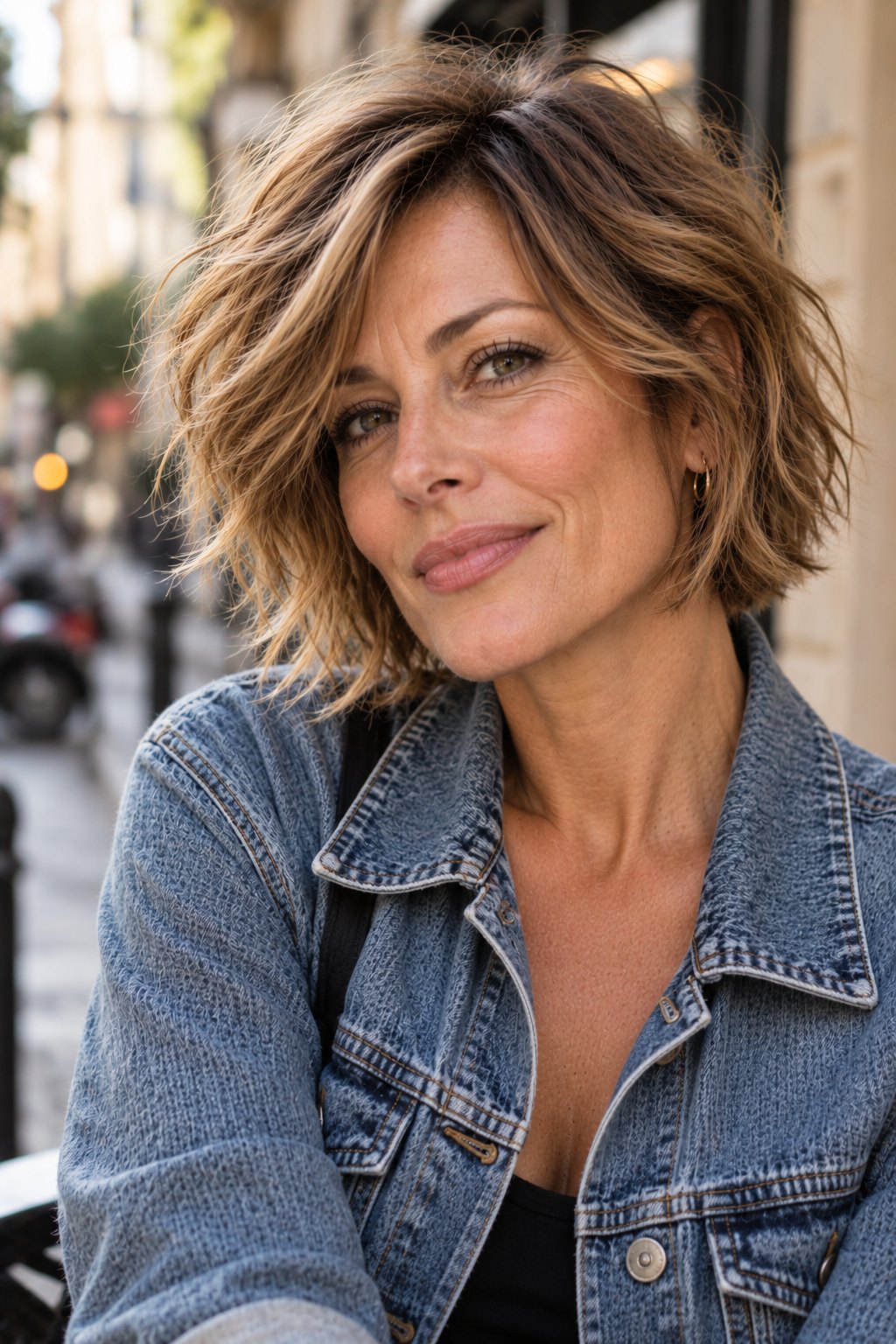 Woman in her late 40s with a tousled textured bob with caramel highlights