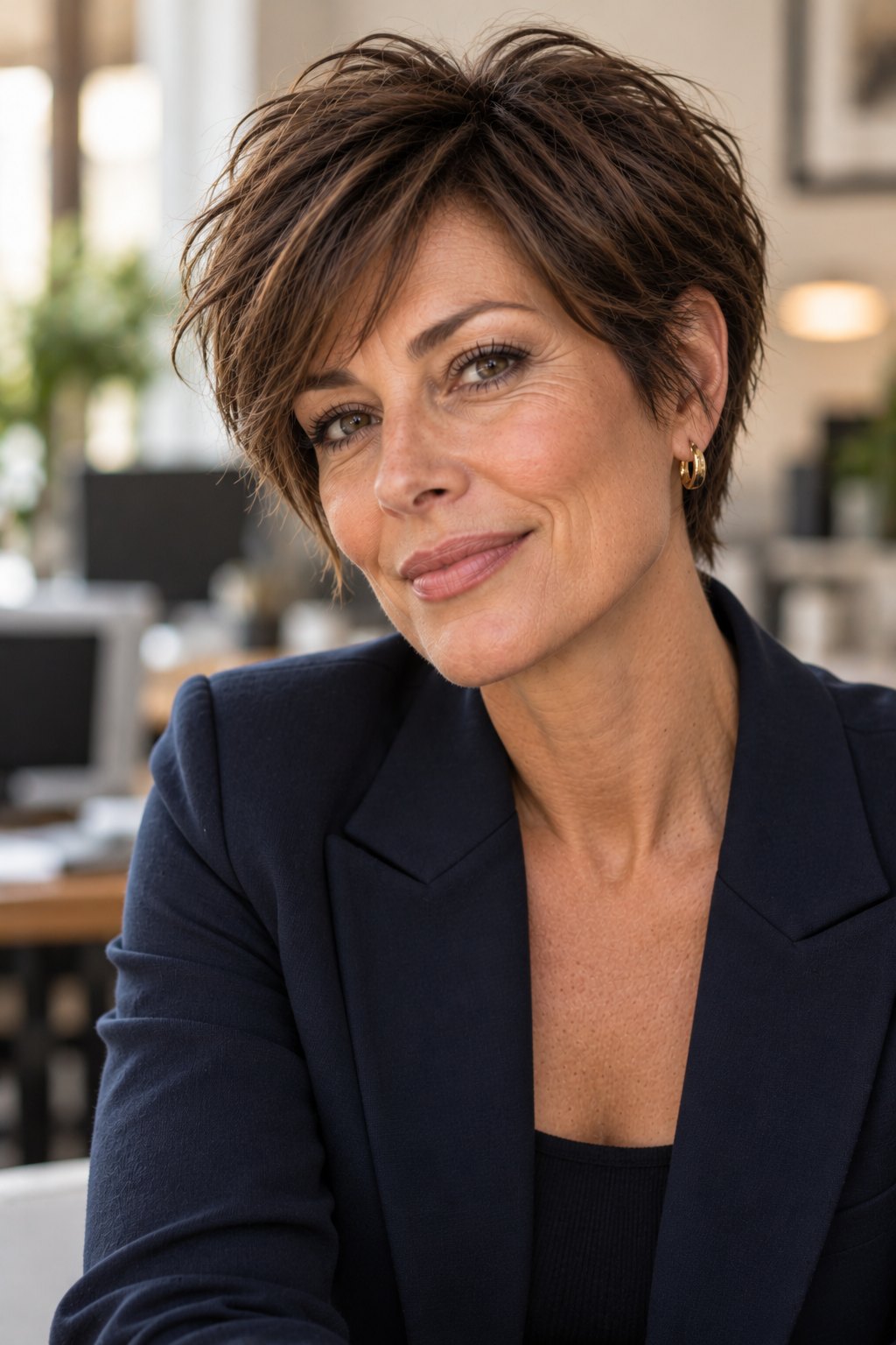 Woman in her mid 50s with a classic layered brunette pixie cut