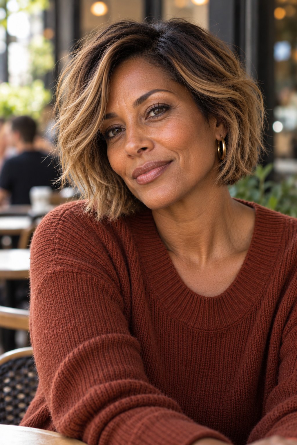 Black woman in her late 40s with a rooty bob with lived-in honey highlights