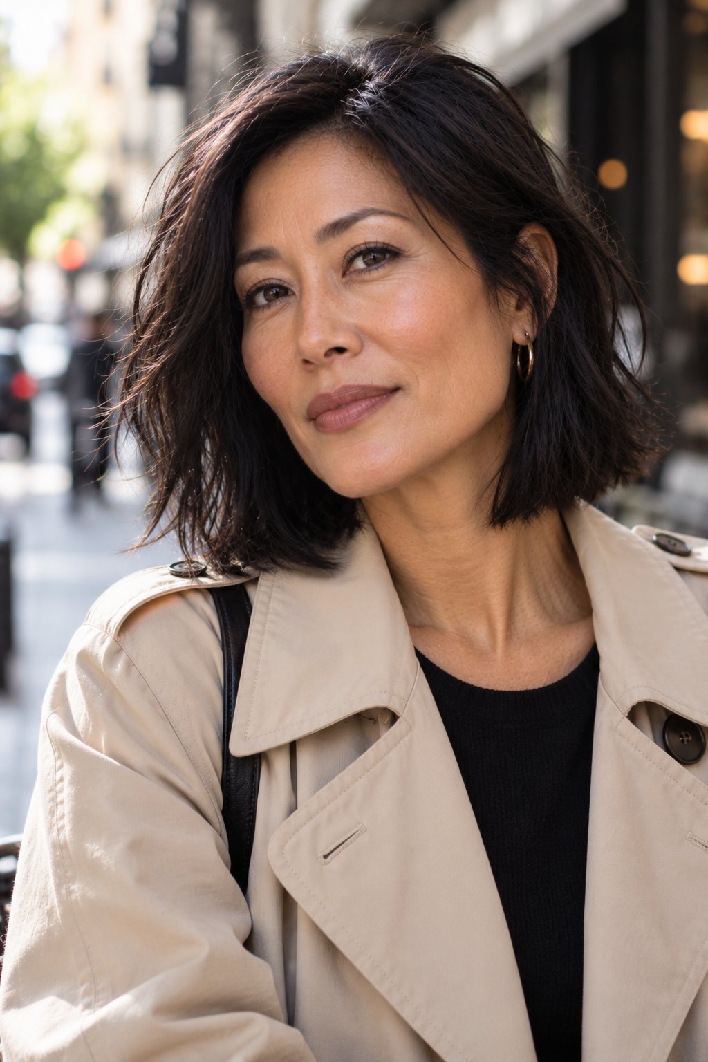 East Asian woman in her early 50s with a blunt black lob with messy surface layers