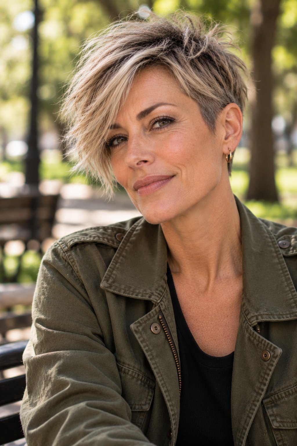 Woman in her late 40s with an ash blonde chopped pixie with a soft undercut