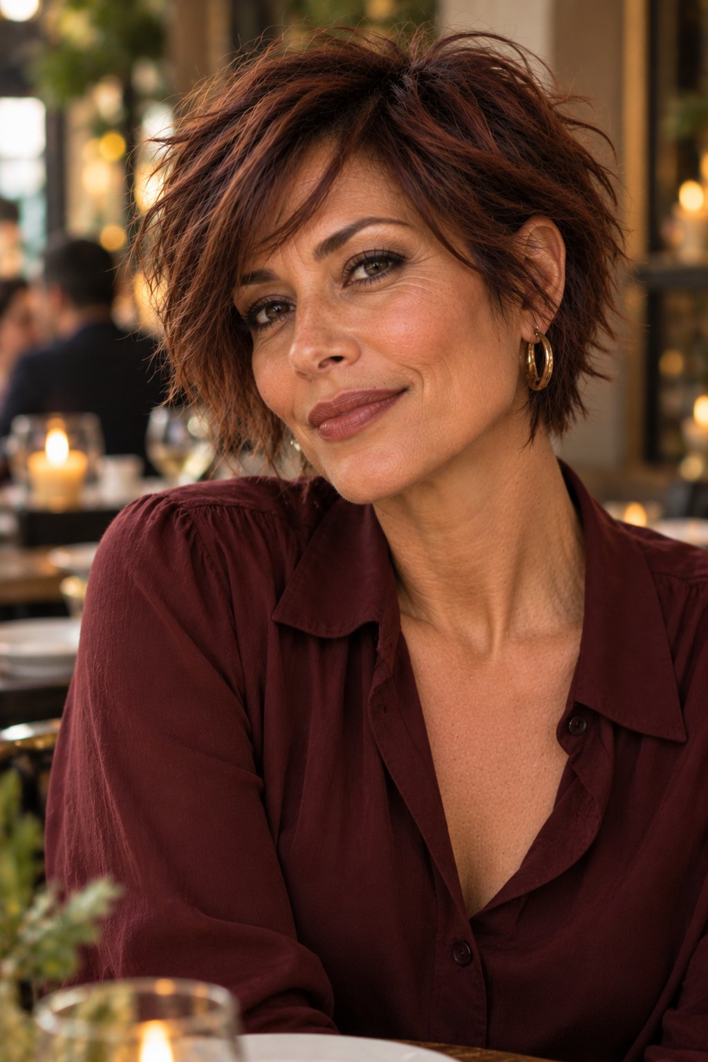 Latina woman in her early 50s with a messy razored auburn pixie-bob
