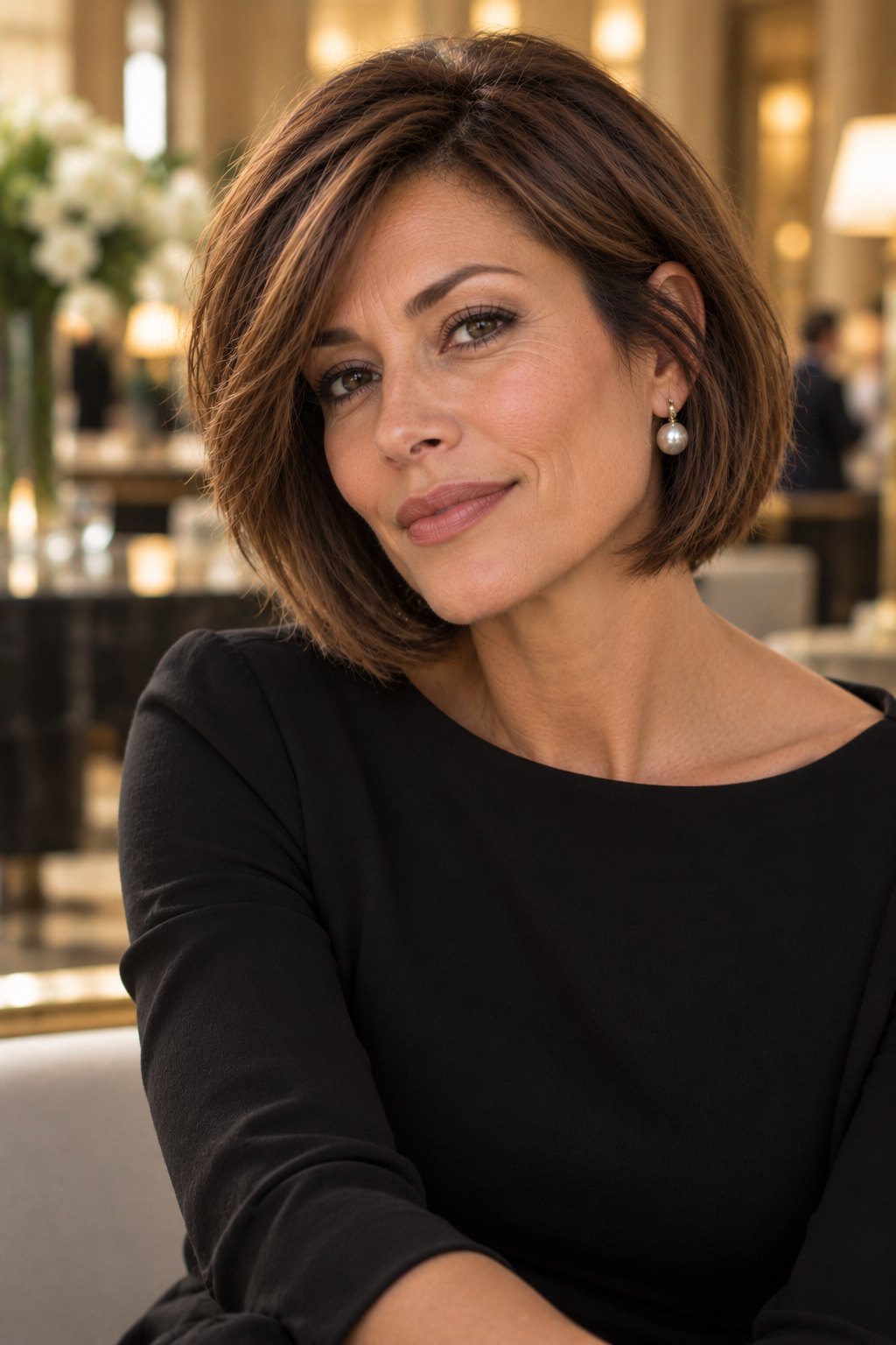 Woman in her mid 40s with a sleek layered chestnut bob
