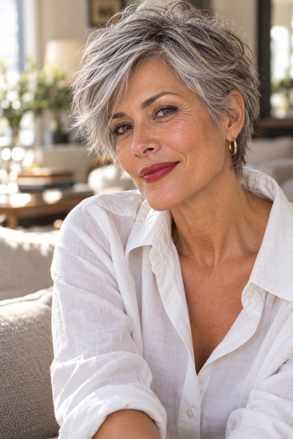 Woman in her late 50s with a silver gray layered pixie cut