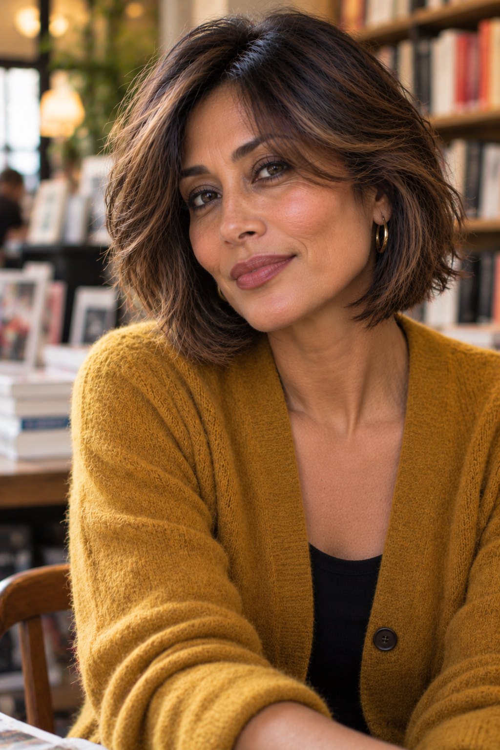 South Asian woman in her late 40s with a feathered bob and curtain bangs