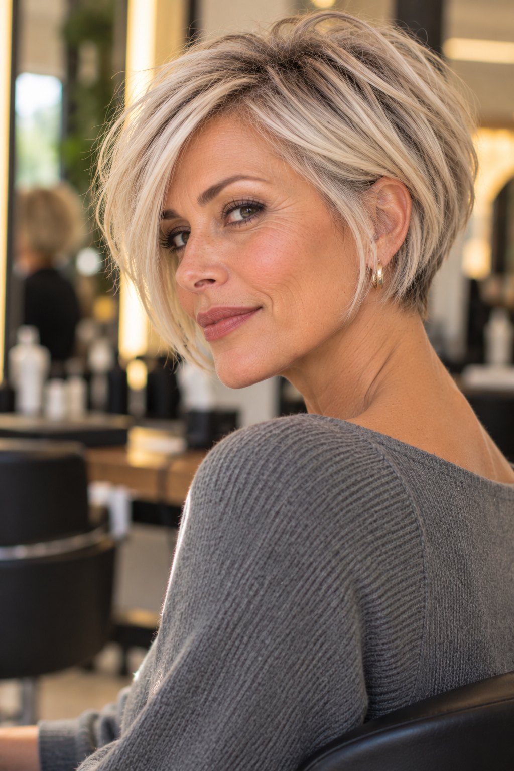 Woman in her early 50s with a platinum blonde stacked graduated bob