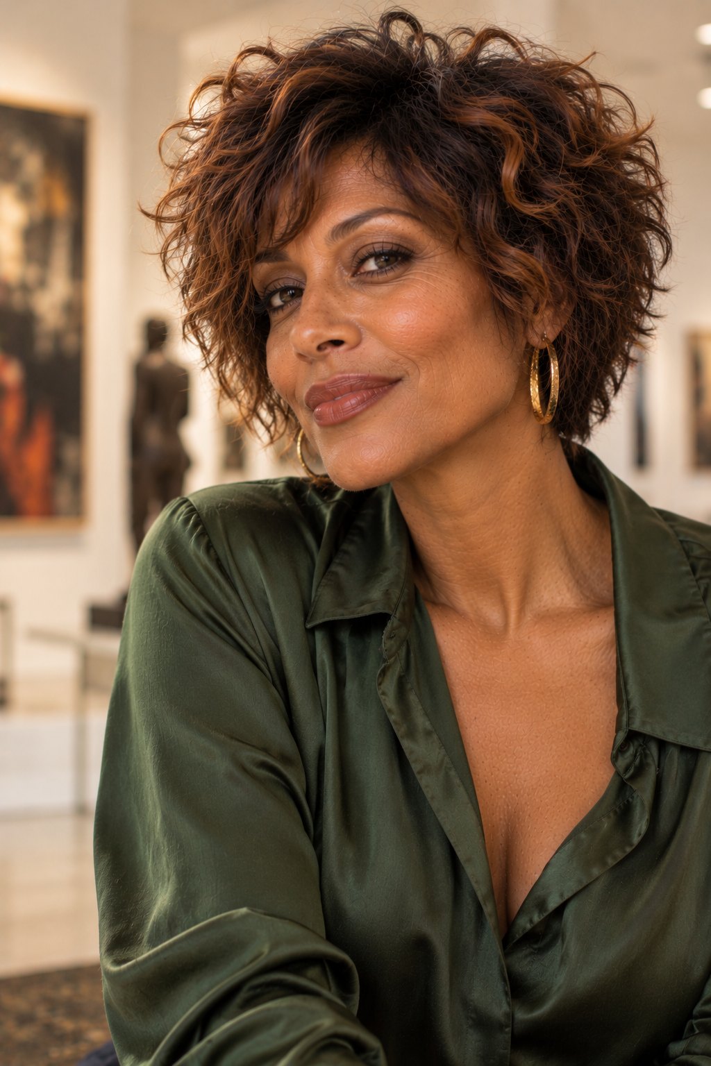 Black woman in her early 50s with a short layered curly shag with copper tips