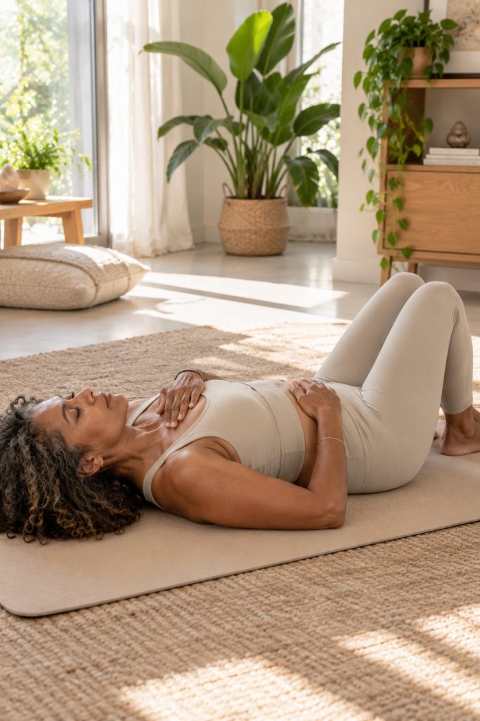 Woman in her early 50s doing deep belly breathing in constructive rest on a mat