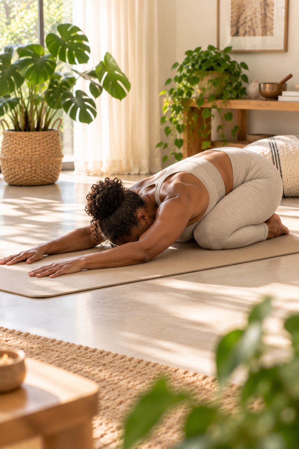 Woman in her late 40s resting in child pose on a yoga mat