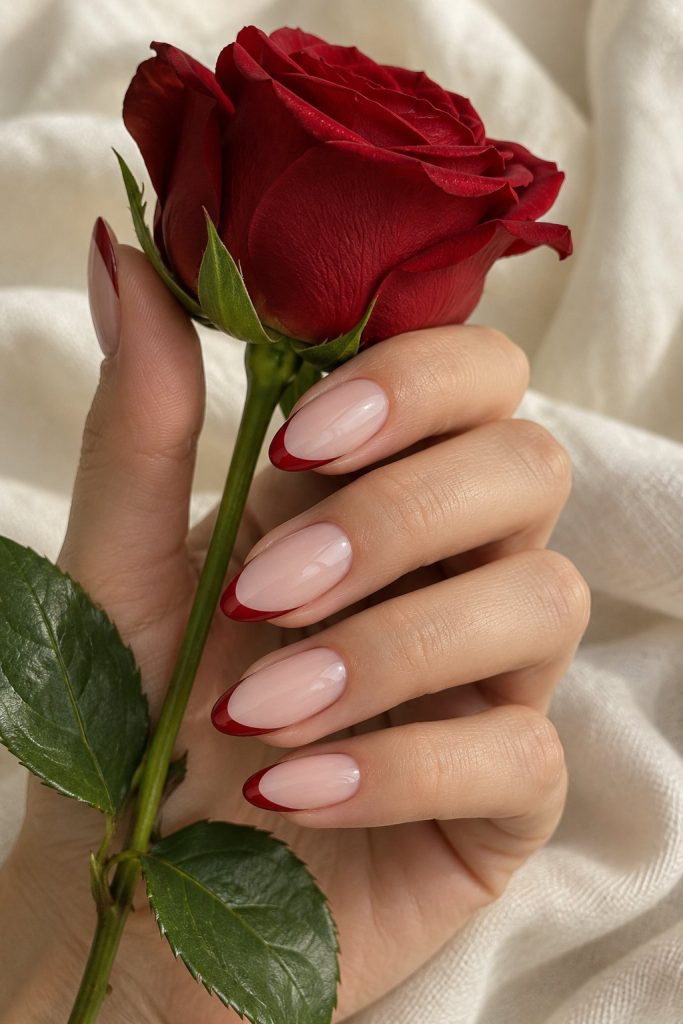 Almond nails with a sheer pink base and red French tips holding a red rose