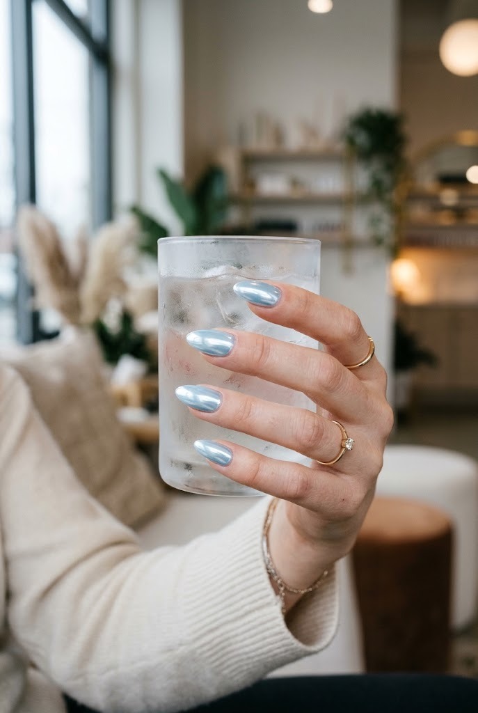 Pale icy blue chrome almond nails holding a frosted glass