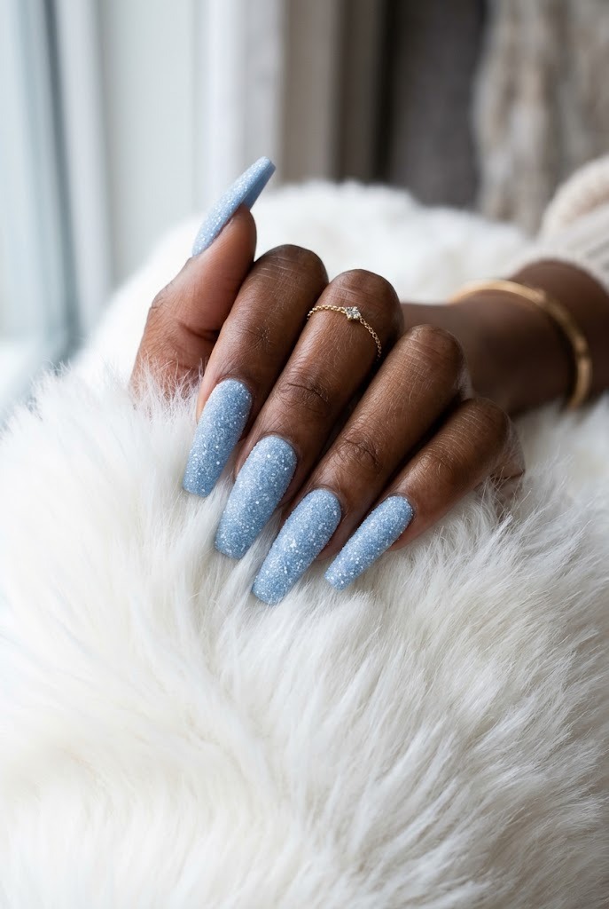 Powder blue coffin nails with sugar snow texture on white faux fur