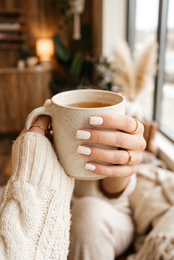 Cream short nails with knit sweater texture holding a mug