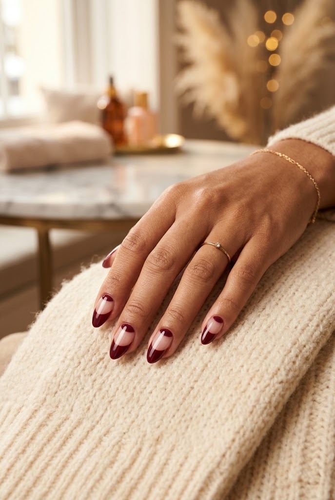 Almond nails with burgundy half-moon negative space design on a knit scarf