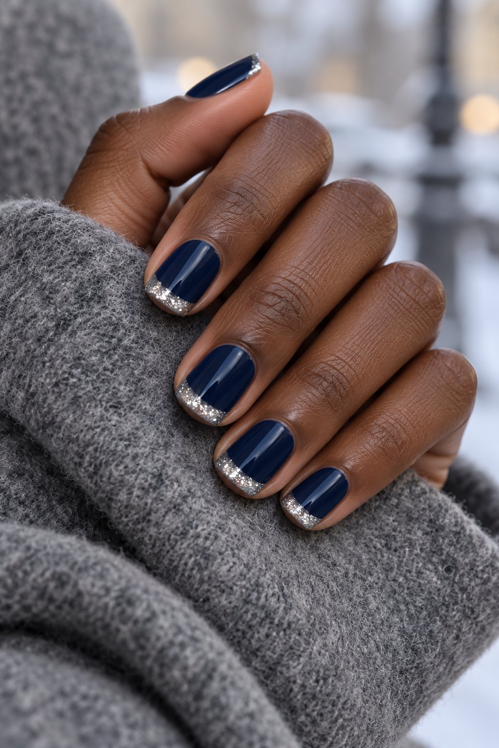 Short navy nails with silver glitter French tips on a grey wool sleeve