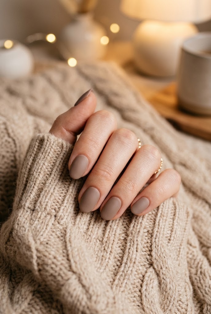 Short oval nails in matte taupe on a knit blanket