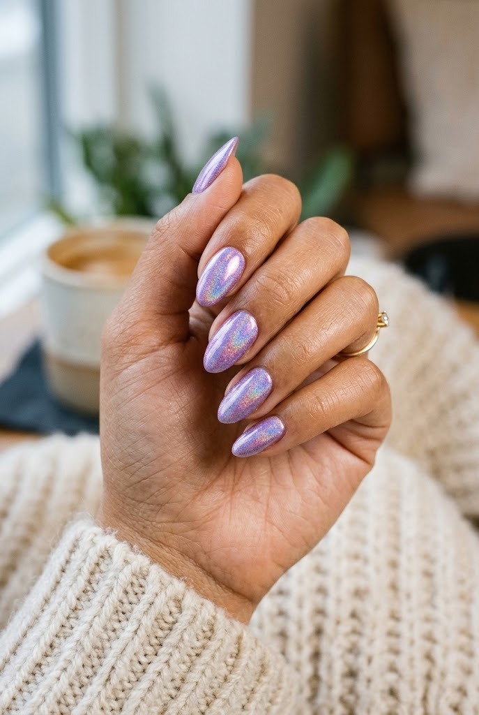 Holographic lavender almond nails with rainbow shimmer