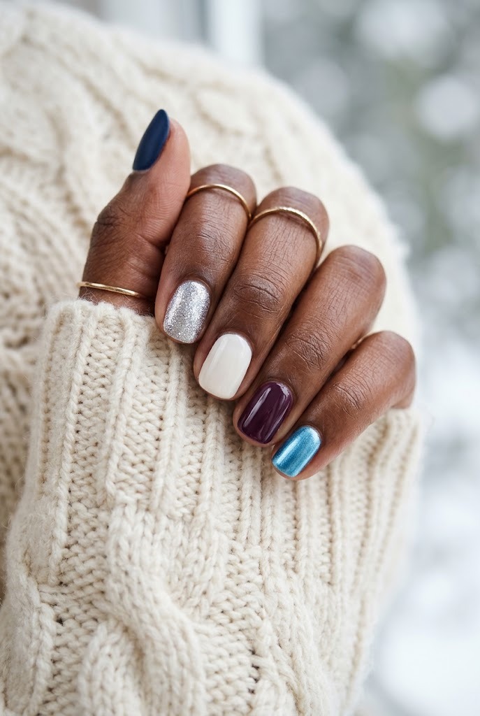 Short nails in mismatched winter colors: navy, ice blue, silver, white and plum