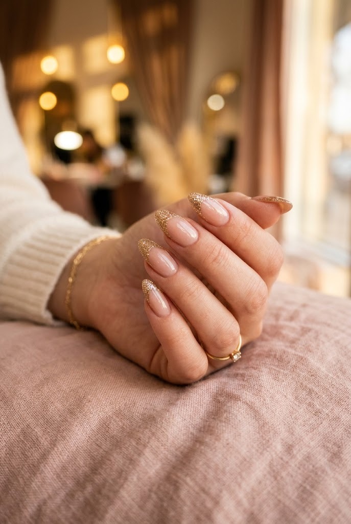 Almond nails with sparkly gold glitter French tips