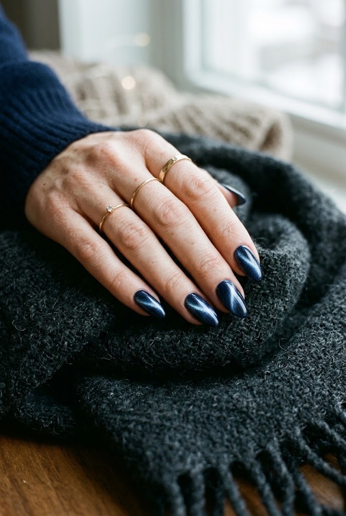 Midnight blue velvet cat eye almond nails on a wool scarf