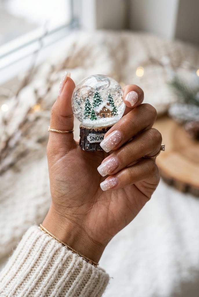 Square nails with white snow speck nail art holding a snow globe