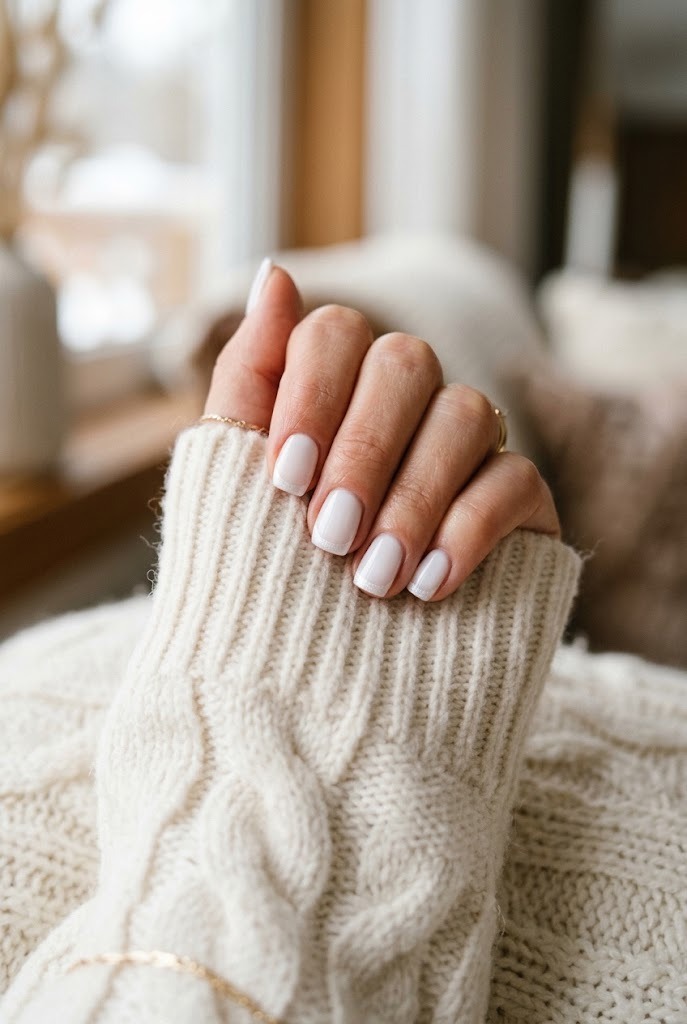 Short milky white nails with frosted shimmer French tips on a white sweater