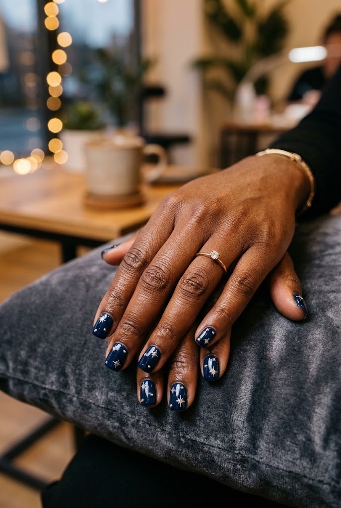 Short navy nails with tiny silver stars