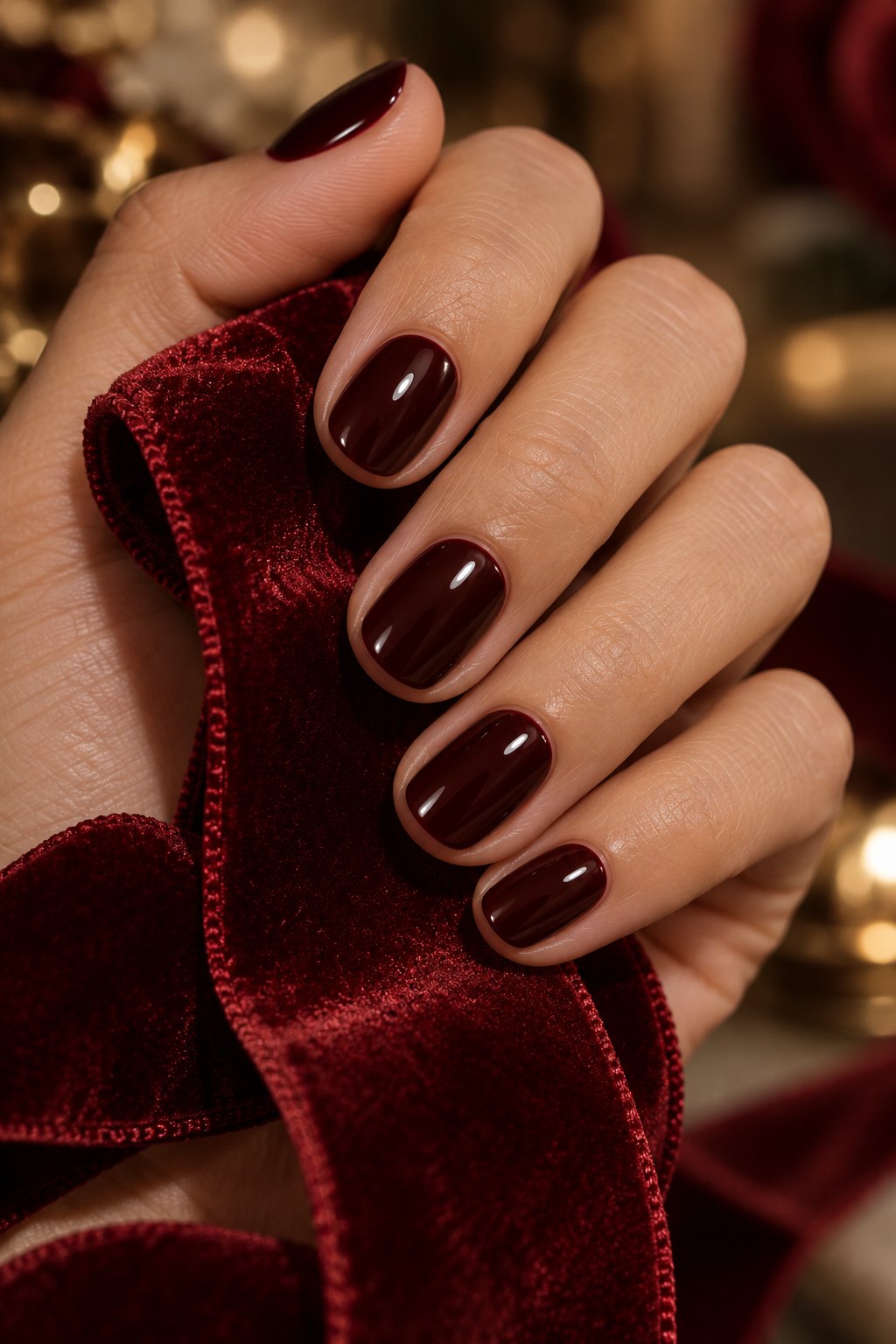 Short glossy black cherry nails holding a velvet ribbon