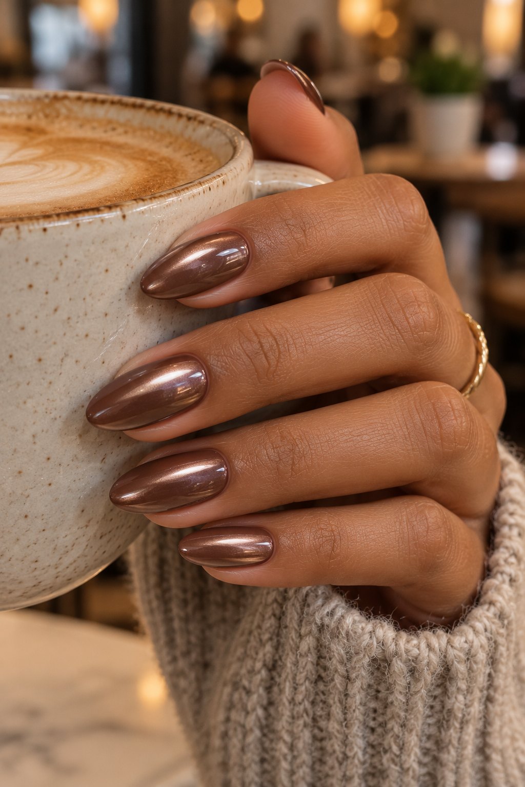 Mocha brown glazed chrome almond nails holding coffee
