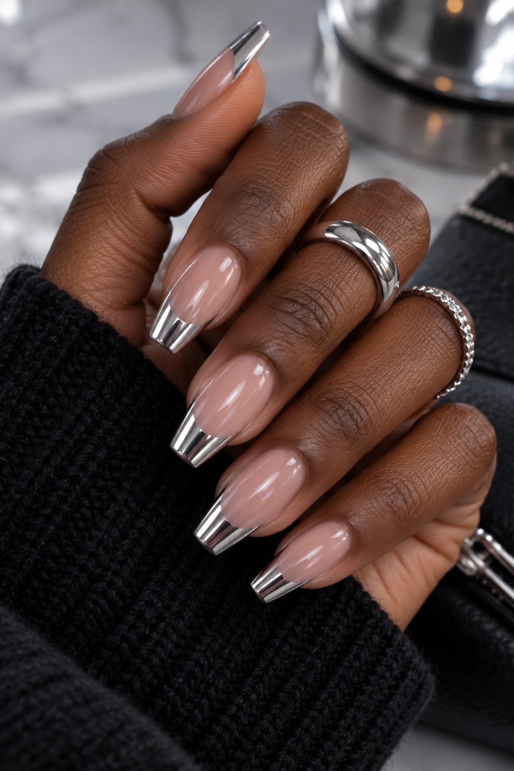 Coffin nails with mirror silver chrome French tips