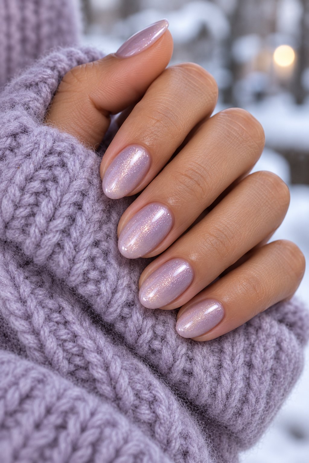 Short frosted lilac shimmer nails with knit mittens