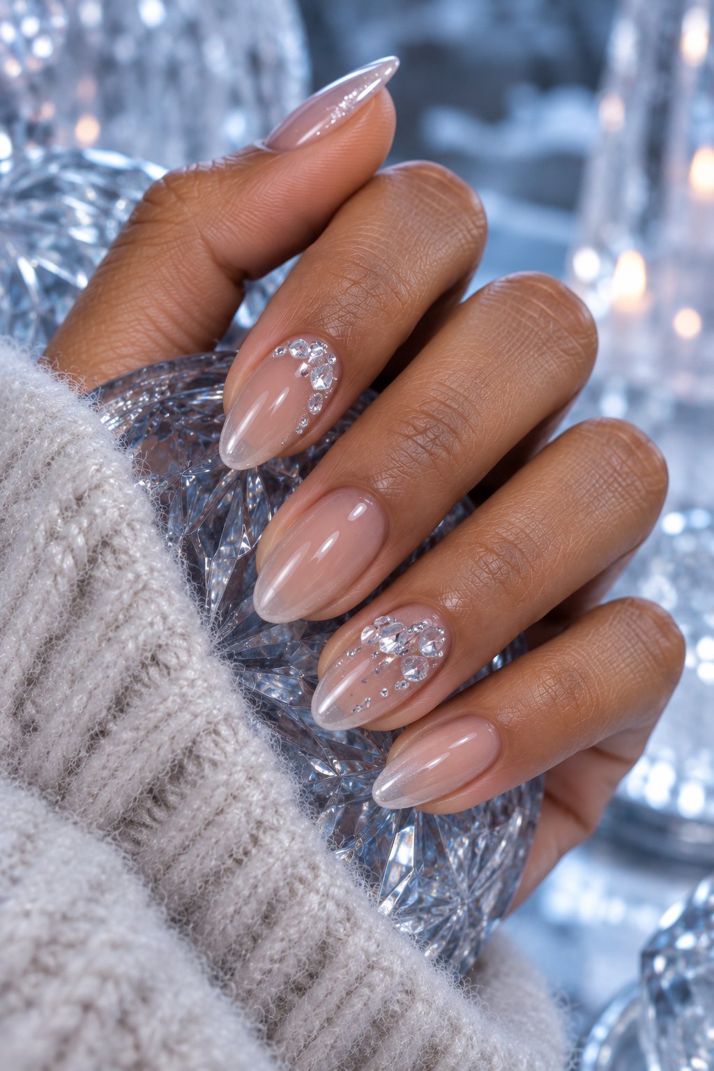 Almond nails with 3D ice crystal gems on two accent nails