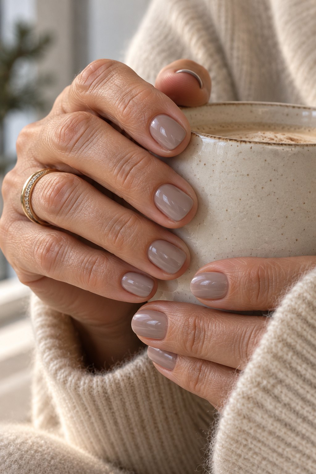 Very short greige nails on mature hands with a cashmere sleeve